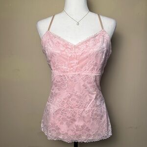 Y2K Pink Sheer Lace Cami Top | Floral Lace Spaghetti Strap | Size L